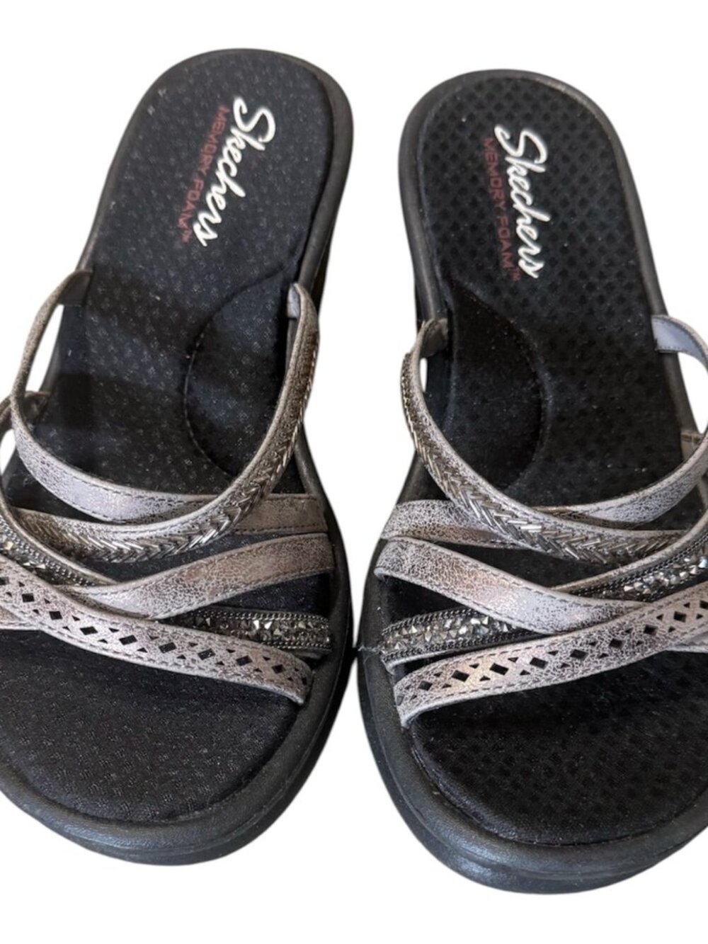 Skechers Memory Foam Pewter Platform Wedge Sandals Size 8 New Without Box